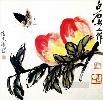 中国 Painting - 中国の伝統的な斉白石蝶と桃